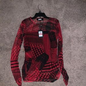 DKNY Crew Neck Long Sleeve Printed Mesh Top